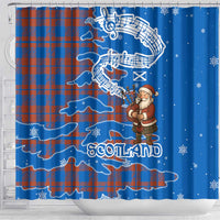 Scotland Christmas Shower Curtain with Santa Playing Bagpipes and Blue Red Tartan Music Notes - Wonder Print Shop