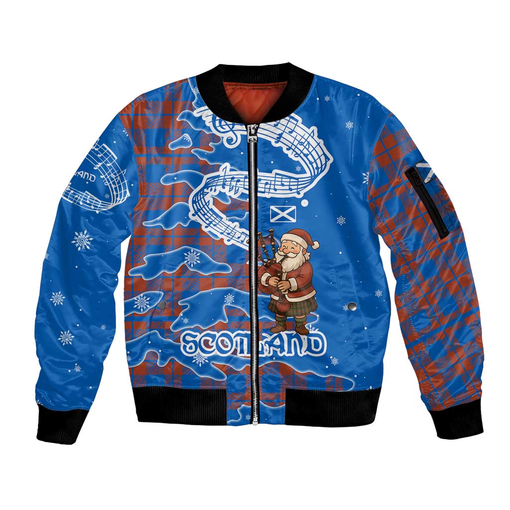 Scotland Christmas Sleeve Zip Bomber Jacket with Santa Playing Bagpipes and Blue Red Tartan Music Notes - Wonder Print Shop