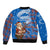Scotland Christmas Sleeve Zip Bomber Jacket with Santa Playing Bagpipes and Blue Red Tartan Music Notes - Wonder Print Shop