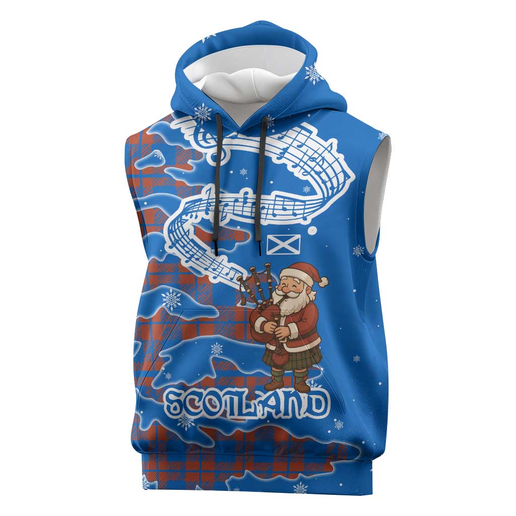 Scotland Christmas Sleeveless Hoodie with Santa Playing Bagpipes and Blue Red Tartan Music Notes - Wonder Print Shop