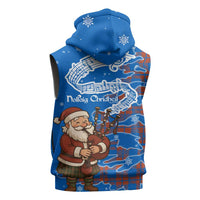 Scotland Christmas Sleeveless Hoodie with Santa Playing Bagpipes and Blue Red Tartan Music Notes - Wonder Print Shop