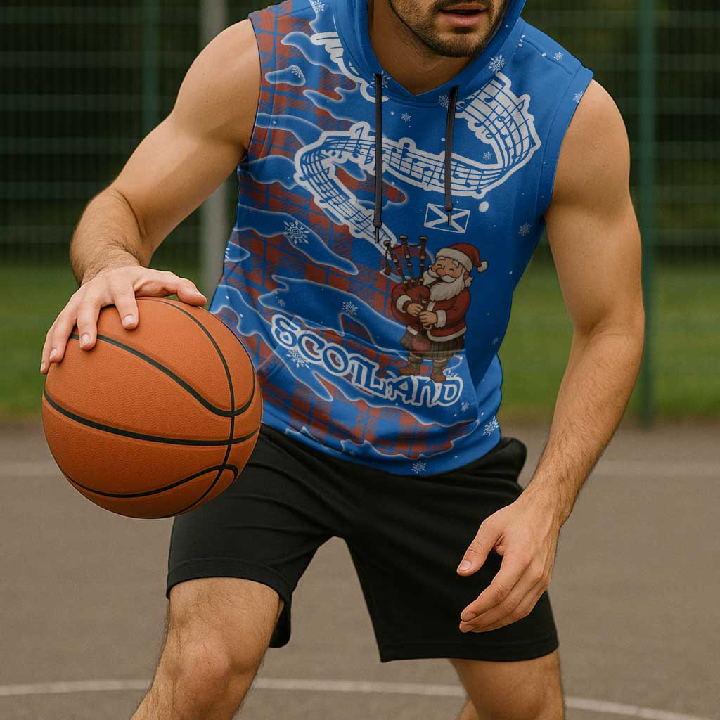 Scotland Christmas Sleeveless Hoodie with Santa Playing Bagpipes and Blue Red Tartan Music Notes - Wonder Print Shop