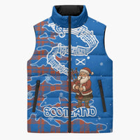 Scotland Christmas Sleeveless Puffer Jacket with Santa Playing Bagpipes and Blue Red Tartan Music Notes - Wonder Print Shop