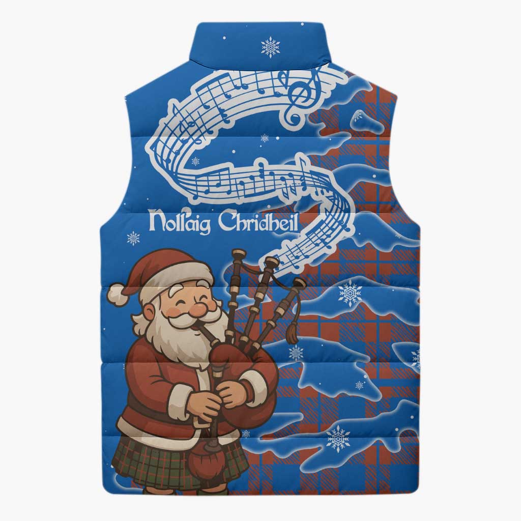 Scotland Christmas Sleeveless Puffer Jacket with Santa Playing Bagpipes and Blue Red Tartan Music Notes - Wonder Print Shop