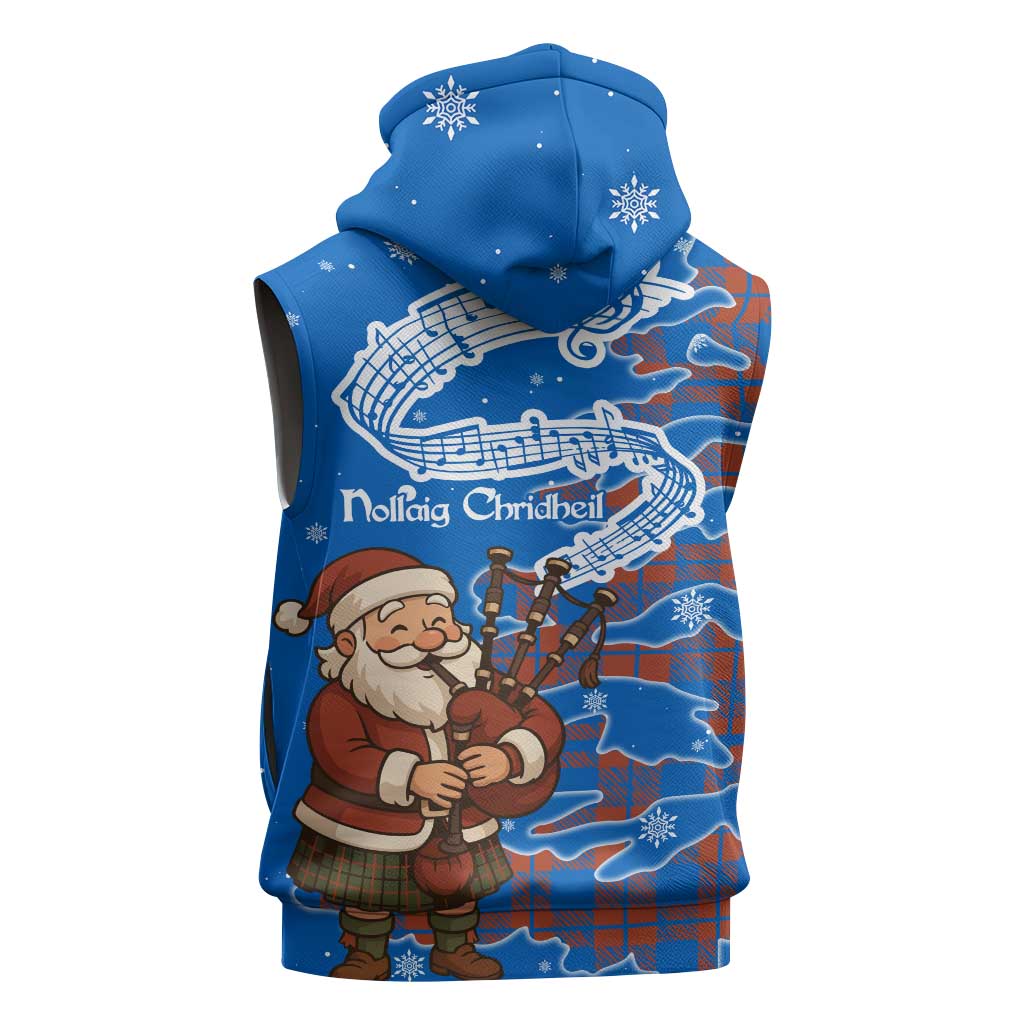 Scotland Christmas Sleeveless Zip Hoodie with Santa Playing Bagpipes and Blue Red Tartan Music Notes - Wonder Print Shop