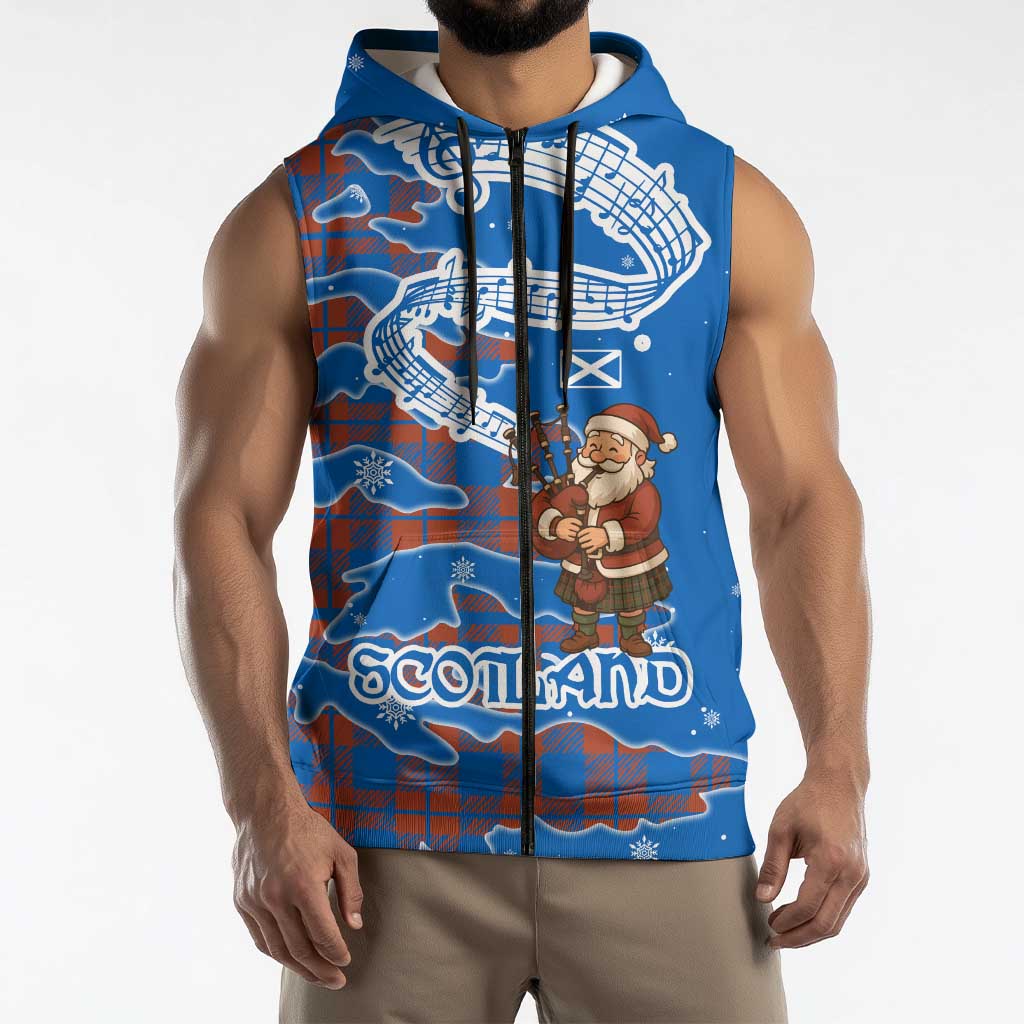 Scotland Christmas Sleeveless Zip Hoodie with Santa Playing Bagpipes and Blue Red Tartan Music Notes - Wonder Print Shop