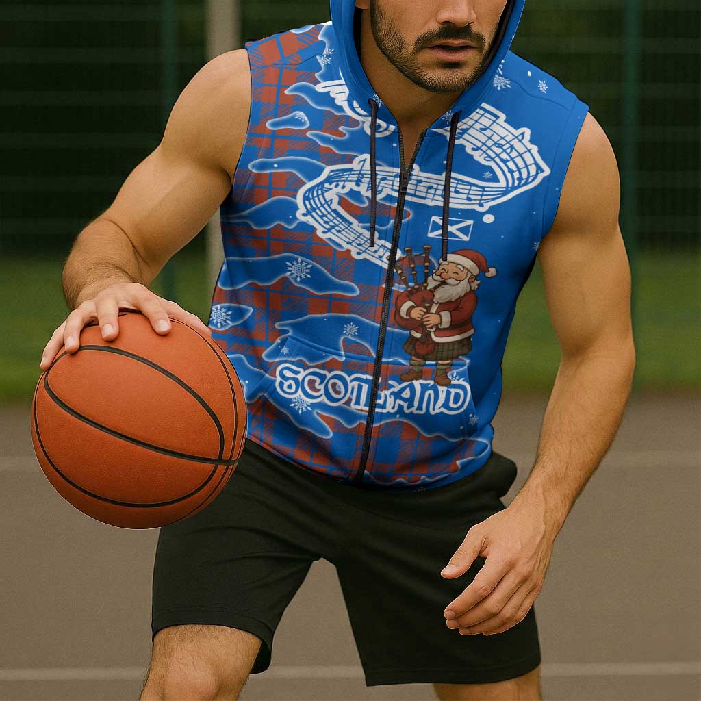 Scotland Christmas Sleeveless Zip Hoodie with Santa Playing Bagpipes and Blue Red Tartan Music Notes - Wonder Print Shop