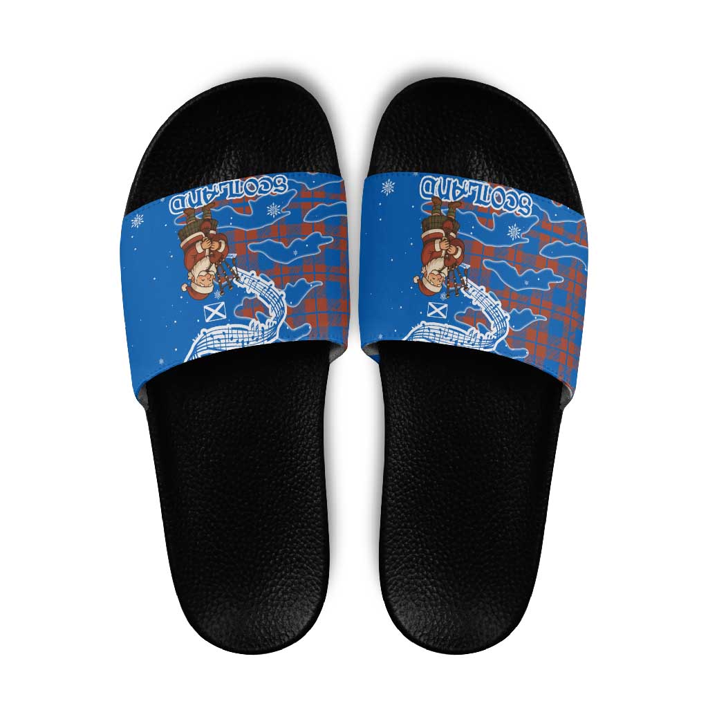 Scotland Christmas Slide Sandals with Santa Playing Bagpipes and Blue Red Tartan Music Notes - Wonder Print Shop