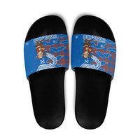 Scotland Christmas Slide Sandals with Santa Playing Bagpipes and Blue Red Tartan Music Notes - Wonder Print Shop