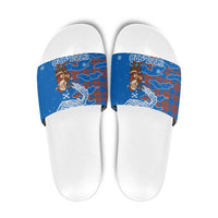 Scotland Christmas Slide Sandals with Santa Playing Bagpipes and Blue Red Tartan Music Notes - Wonder Print Shop