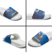 Scotland Christmas Slide Sandals with Santa Playing Bagpipes and Blue Red Tartan Music Notes - Wonder Print Shop