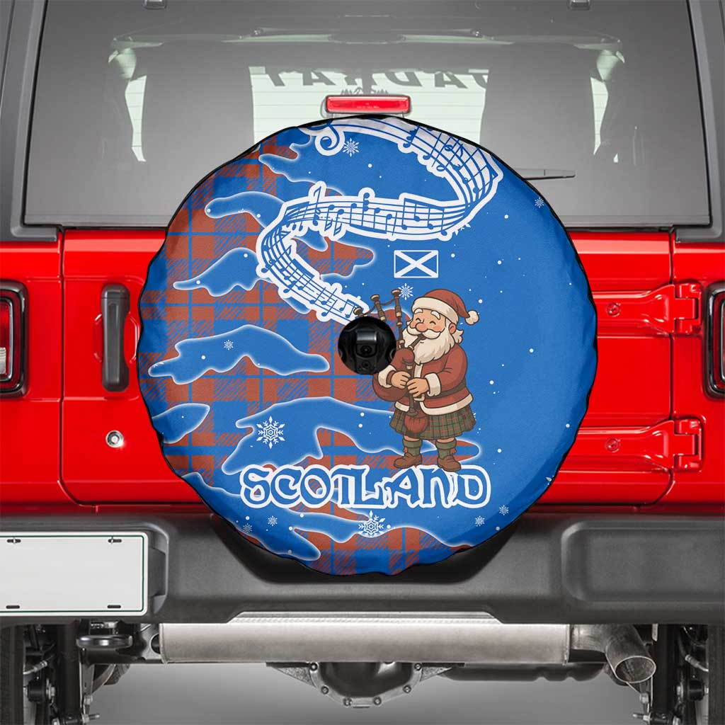 Scotland Christmas Spare Tire Cover with Santa Playing Bagpipes and Blue Red Tartan Music Notes - Wonder Print Shop