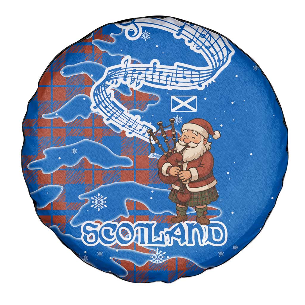 Scotland Christmas Spare Tire Cover with Santa Playing Bagpipes and Blue Red Tartan Music Notes - Wonder Print Shop