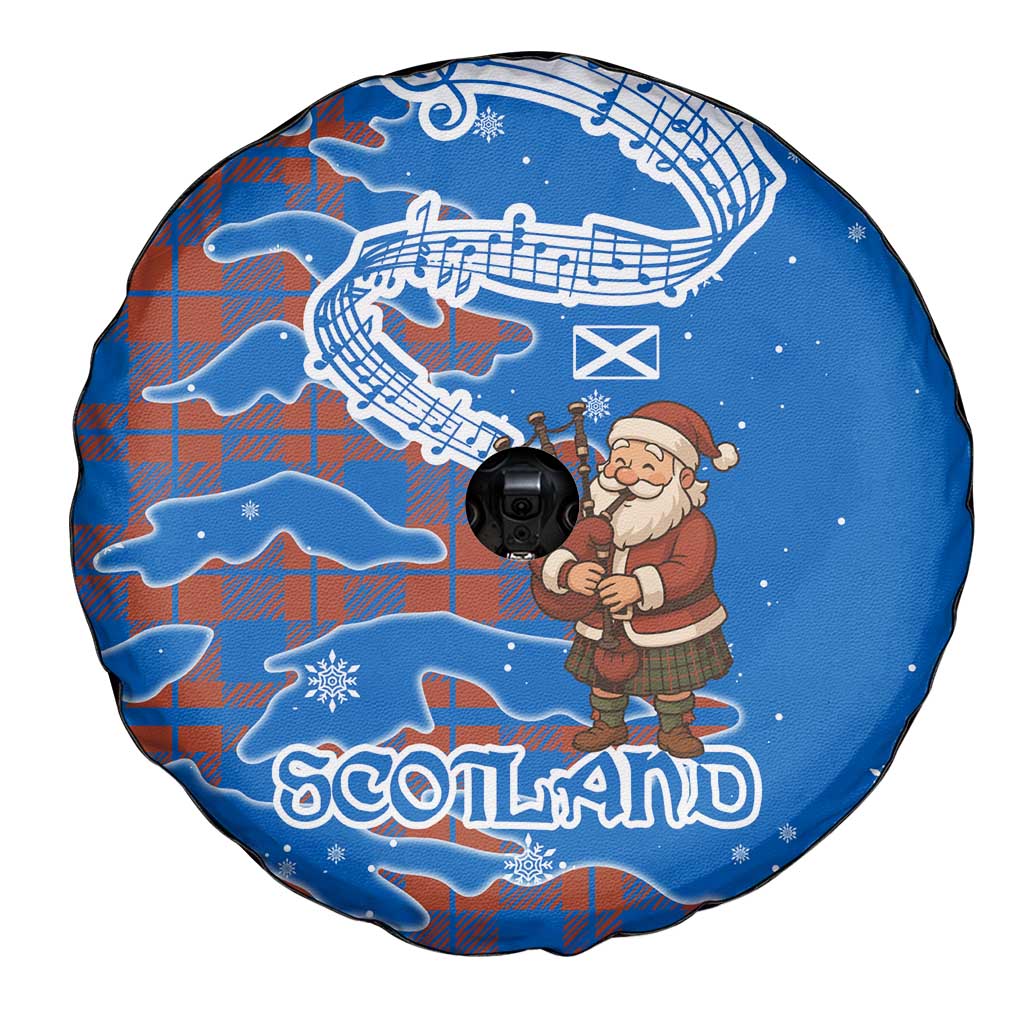 Scotland Christmas Spare Tire Cover with Santa Playing Bagpipes and Blue Red Tartan Music Notes - Wonder Print Shop