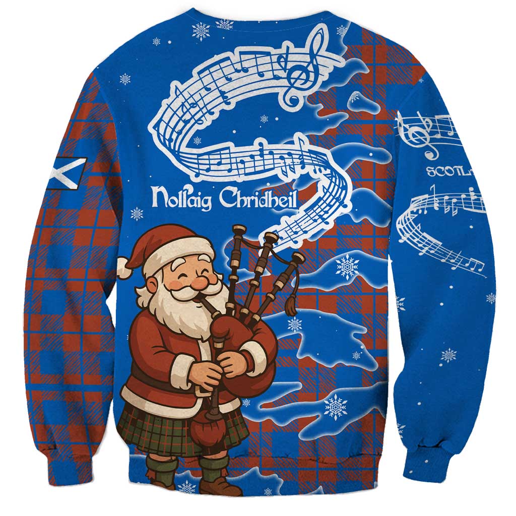 Scotland Christmas Sweatshirt with Santa Playing Bagpipes and Blue Red Tartan Music Notes - Wonder Print Shop