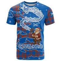Scotland Christmas T Shirt with Santa Playing Bagpipes and Blue Red Tartan Music Notes - Wonder Print Shop