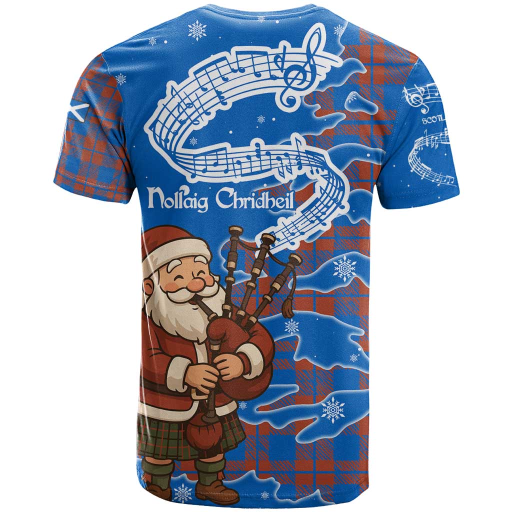 Scotland Christmas T Shirt with Santa Playing Bagpipes and Blue Red Tartan Music Notes - Wonder Print Shop
