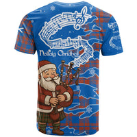 Scotland Christmas T Shirt with Santa Playing Bagpipes and Blue Red Tartan Music Notes - Wonder Print Shop