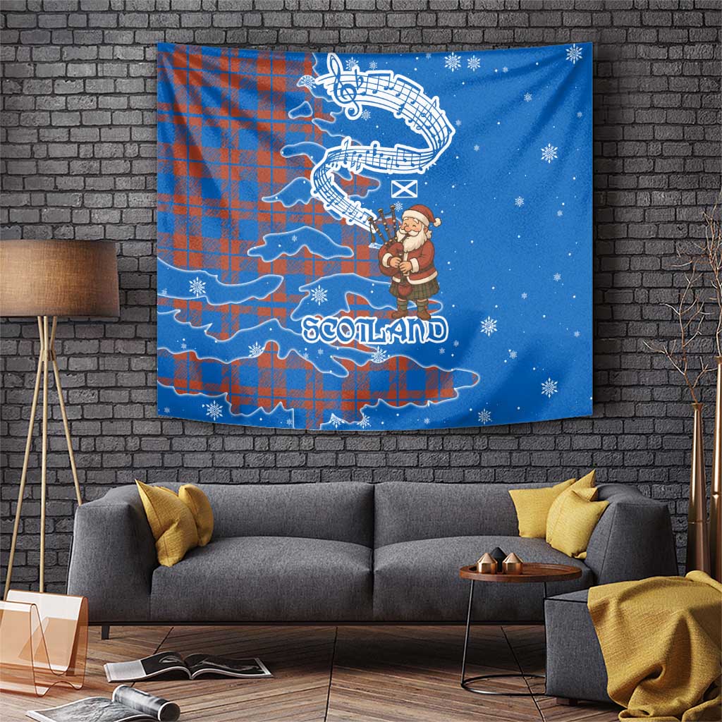 Scotland Christmas Tapestry with Santa Playing Bagpipes and Blue Red Tartan Music Notes - Wonder Print Shop