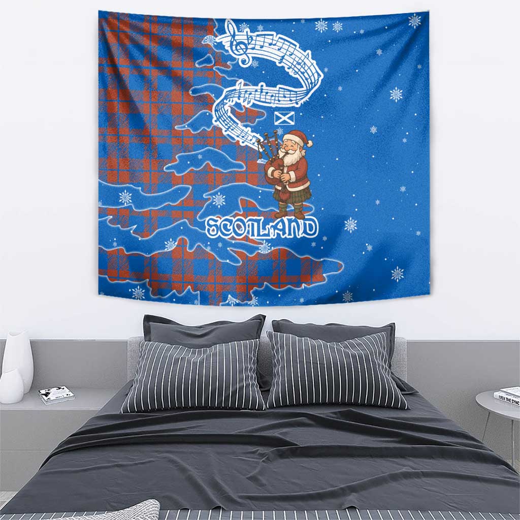 Scotland Christmas Tapestry with Santa Playing Bagpipes and Blue Red Tartan Music Notes - Wonder Print Shop