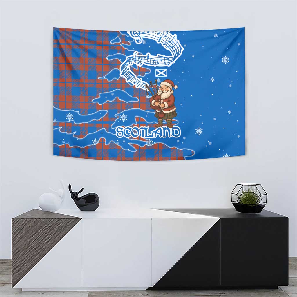 Scotland Christmas Tapestry with Santa Playing Bagpipes and Blue Red Tartan Music Notes - Wonder Print Shop