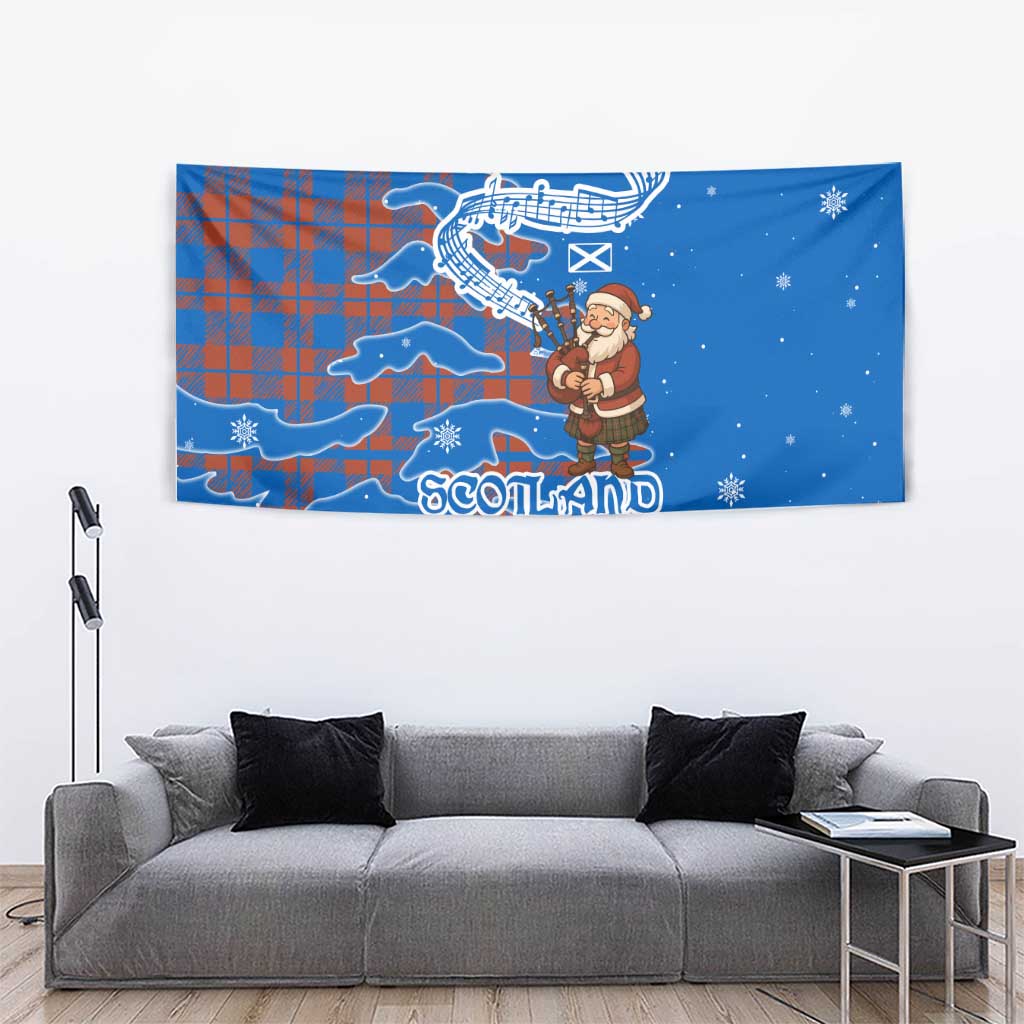 Scotland Christmas Tapestry with Santa Playing Bagpipes and Blue Red Tartan Music Notes - Wonder Print Shop