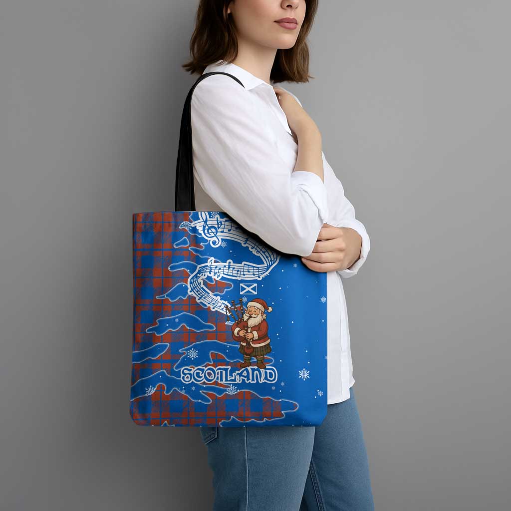 Scotland Christmas Tote Bag with Santa Playing Bagpipes and Blue Red Tartan Music Notes - Wonder Print Shop