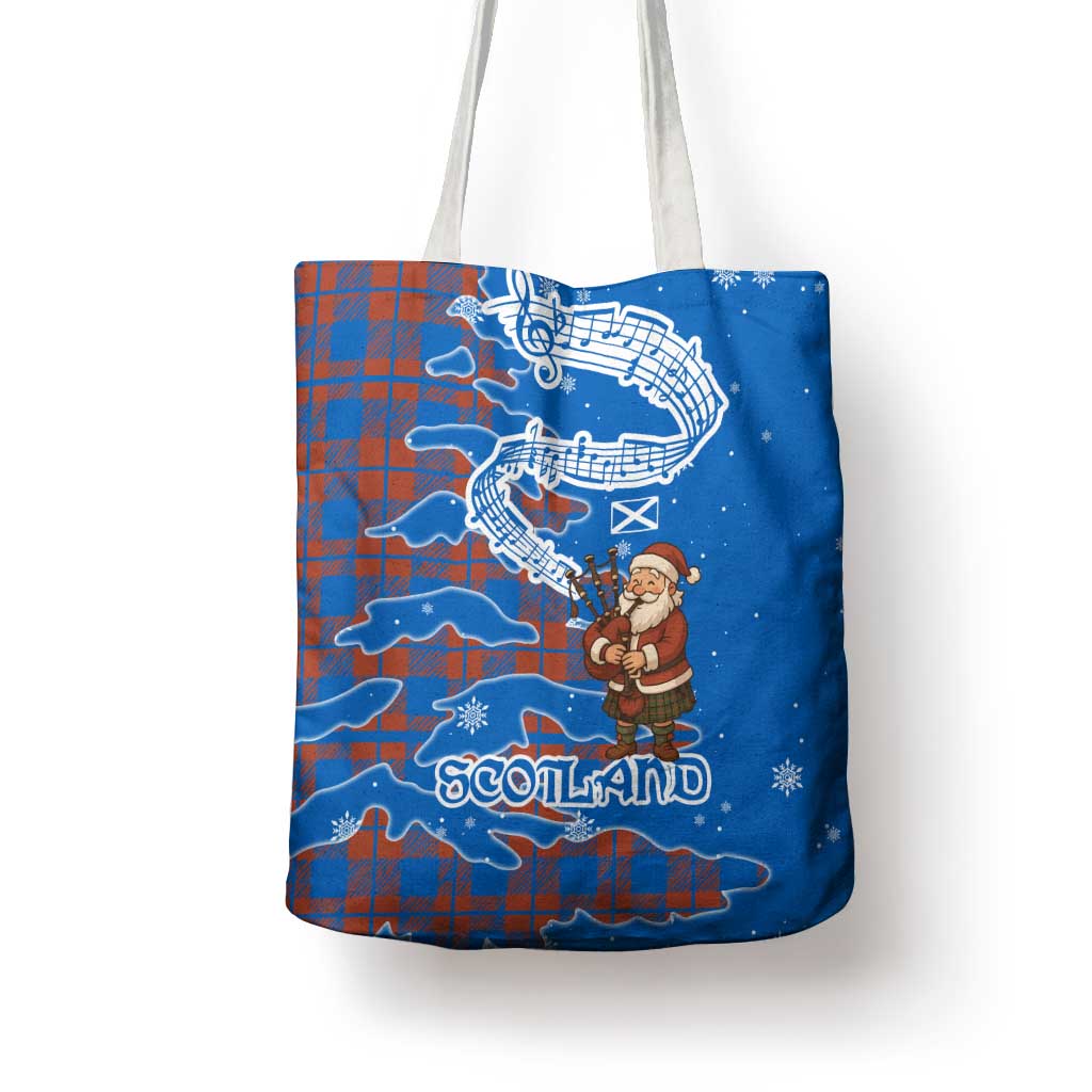 Scotland Christmas Tote Bag with Santa Playing Bagpipes and Blue Red Tartan Music Notes - Wonder Print Shop