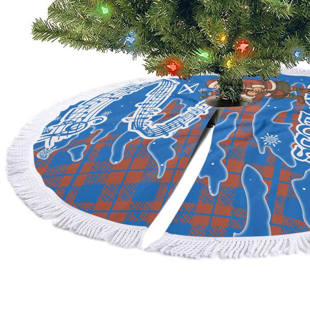 Scotland Christmas Tree Skirt with Santa Playing Bagpipes and Blue Red Tartan Music Notes - Wonder Print Shop