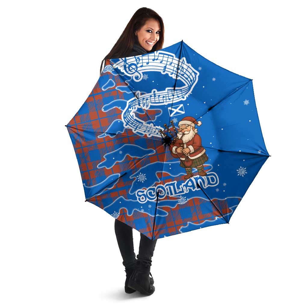 Scotland Christmas Umbrella with Santa Playing Bagpipes and Blue Red Tartan Music Notes - Wonder Print Shop