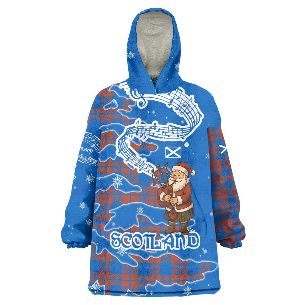 Scotland Christmas Wearable Blanket Hoodie with Santa Playing Bagpipes and Blue Red Tartan Music Notes - Wonder Print Shop