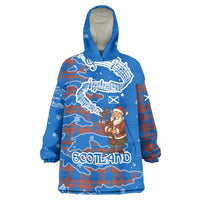Scotland Christmas Wearable Blanket Hoodie with Santa Playing Bagpipes and Blue Red Tartan Music Notes - Wonder Print Shop