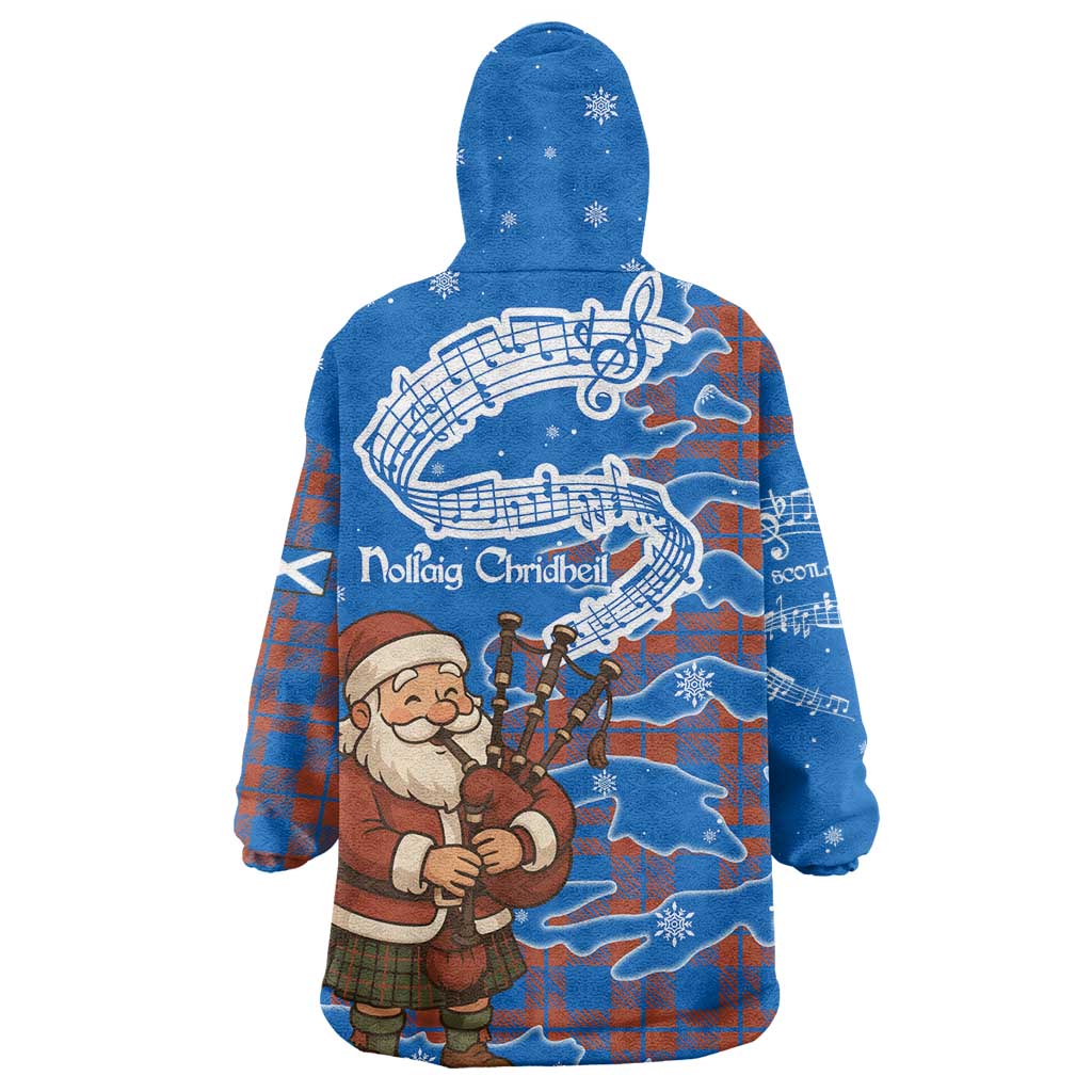 Scotland Christmas Wearable Blanket Hoodie with Santa Playing Bagpipes and Blue Red Tartan Music Notes - Wonder Print Shop