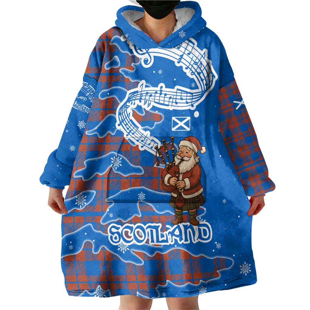 Scotland Christmas Wearable Blanket Hoodie with Santa Playing Bagpipes and Blue Red Tartan Music Notes - Wonder Print Shop