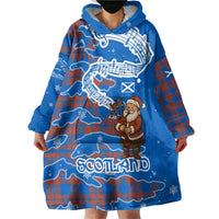 Scotland Christmas Wearable Blanket Hoodie with Santa Playing Bagpipes and Blue Red Tartan Music Notes - Wonder Print Shop