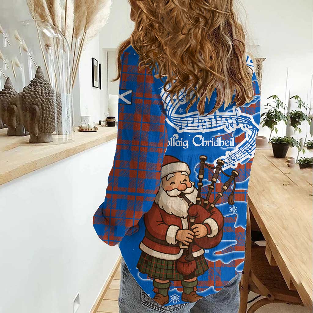 Scotland Christmas Women Casual Shirt with Santa Playing Bagpipes and Blue Red Tartan Music Notes - Wonder Print Shop