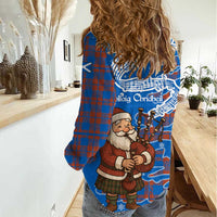 Scotland Christmas Women Casual Shirt with Santa Playing Bagpipes and Blue Red Tartan Music Notes - Wonder Print Shop