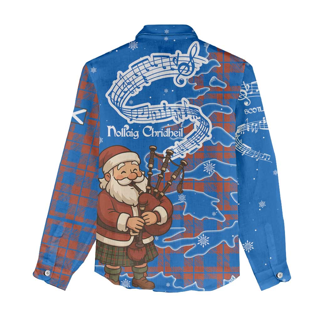 Scotland Christmas Women Casual Shirt with Santa Playing Bagpipes and Blue Red Tartan Music Notes - Wonder Print Shop