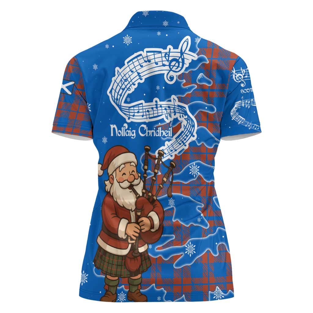 Scotland Christmas Women Polo Shirt with Santa Playing Bagpipes and Blue Red Tartan Music Notes - Wonder Print Shop