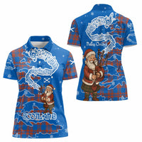 Scotland Christmas Women Polo Shirt with Santa Playing Bagpipes and Blue Red Tartan Music Notes - Wonder Print Shop