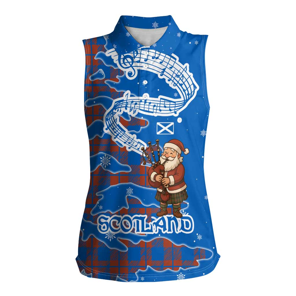 Scotland Christmas Women Sleeveless Polo Shirt with Santa Playing Bagpipes and Blue Red Tartan Music Notes - Wonder Print Shop