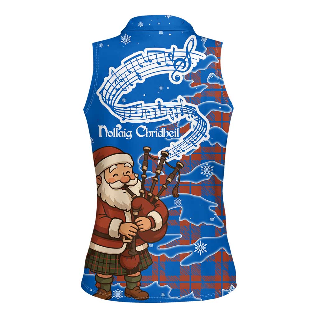 Scotland Christmas Women Sleeveless Polo Shirt with Santa Playing Bagpipes and Blue Red Tartan Music Notes - Wonder Print Shop