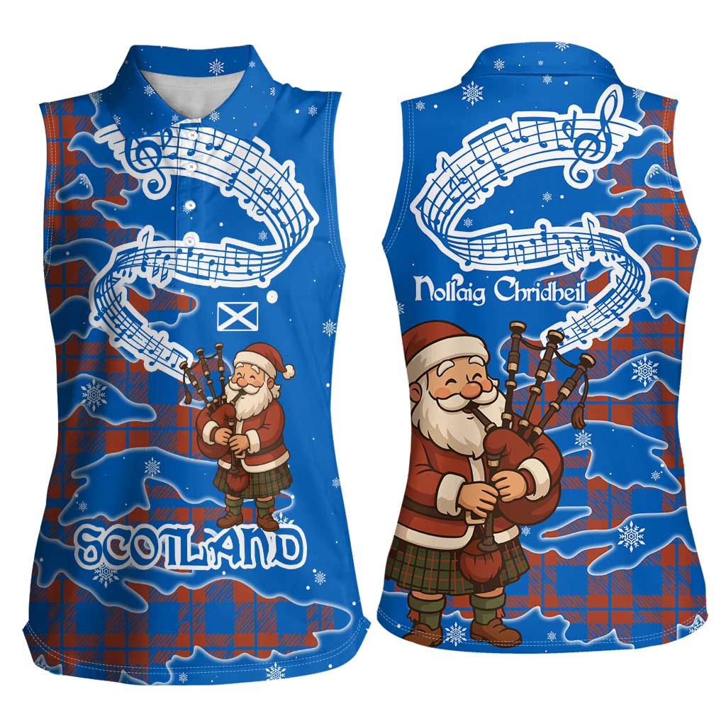Scotland Christmas Women Sleeveless Polo Shirt with Santa Playing Bagpipes and Blue Red Tartan Music Notes - Wonder Print Shop