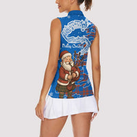 Scotland Christmas Women Sleeveless Polo Shirt with Santa Playing Bagpipes and Blue Red Tartan Music Notes - Wonder Print Shop