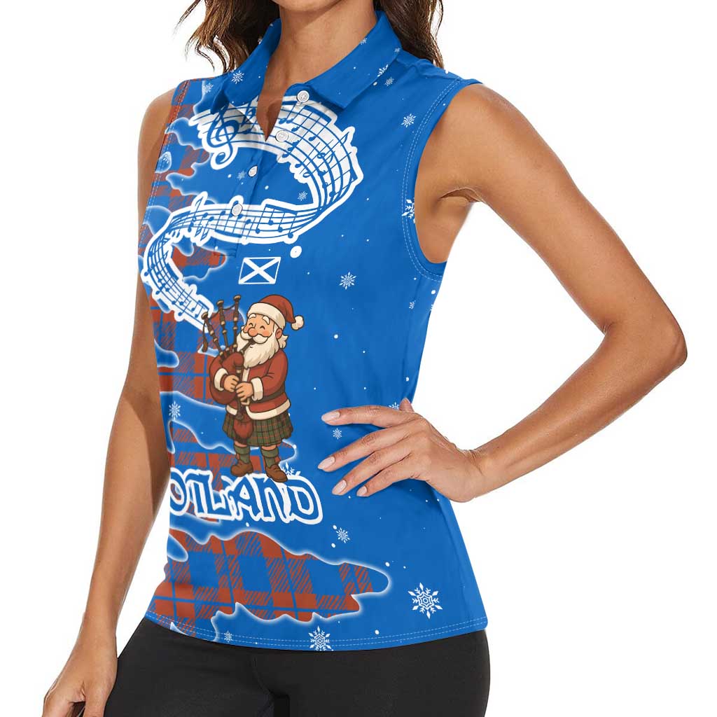 Scotland Christmas Women Sleeveless Polo Shirt with Santa Playing Bagpipes and Blue Red Tartan Music Notes - Wonder Print Shop