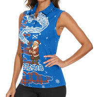 Scotland Christmas Women Sleeveless Polo Shirt with Santa Playing Bagpipes and Blue Red Tartan Music Notes - Wonder Print Shop
