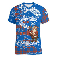 Scotland Christmas Women V-Neck T-Shirt with Santa Playing Bagpipes and Blue Red Tartan Music Notes - Wonder Print Shop