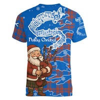 Scotland Christmas Women V-Neck T-Shirt with Santa Playing Bagpipes and Blue Red Tartan Music Notes - Wonder Print Shop