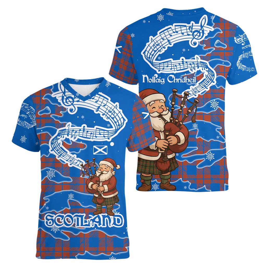 Scotland Christmas Women V-Neck T-Shirt with Santa Playing Bagpipes and Blue Red Tartan Music Notes - Wonder Print Shop