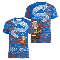 Scotland Christmas Women V-Neck T-Shirt with Santa Playing Bagpipes and Blue Red Tartan Music Notes - Wonder Print Shop